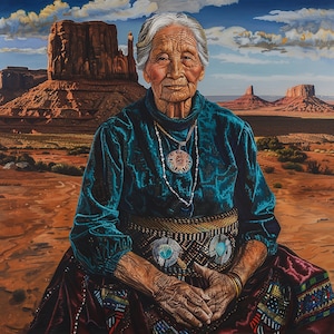 Puede incluir: Una mujer mayor con cabello gris y una blusa de terciopelo turquesa se sienta frente a un paisaje desértico. Lleva un collar de cuentas con un colgante de plata y un cinturón de cuentas. Sus manos están juntas en su regazo.