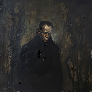 Puede incluir: Una pintura de un hombre con un abrigo oscuro, de pie frente a un fondo oscuro con pinceladas abstractas. El rostro del hombre es visible y parece estar mirando hacia abajo.