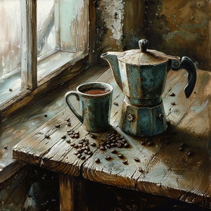 May include: A rustic wooden table with a vintage blue and silver coffee pot and a blue ceramic coffee mug filled with coffee. Coffee beans are scattered around the pot and mug.