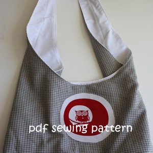 May include: A black and white checkered tote bag with a white circle and red owl design. The bag has a white lining and the text "pdf sewing pattern" is printed on the front.