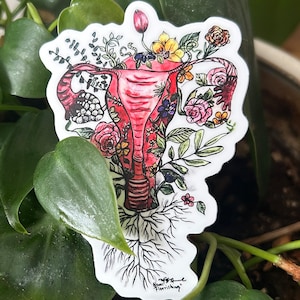 Surreal floral bouquet sticker,uterus botanical sticker art for period awareness, decal for water bottle art for reproductive fertility
