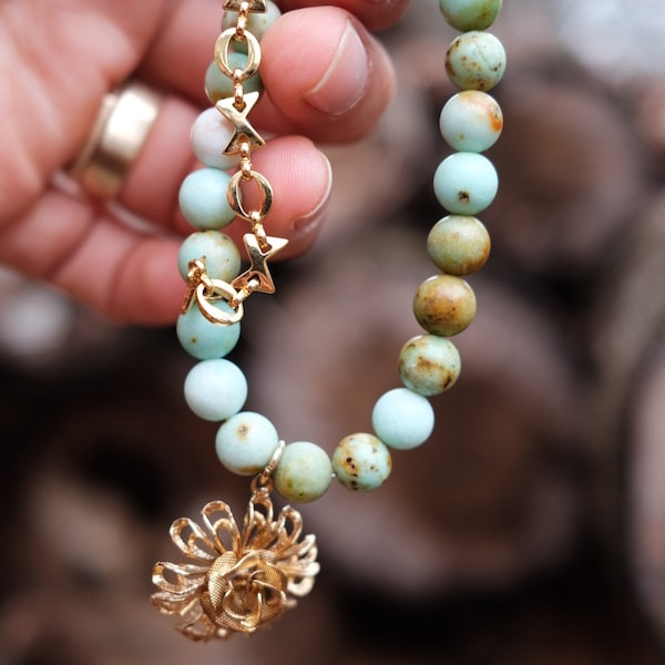 One of a kind Mongolian Opal gemstone beaded bracelet with vintage chain & charm