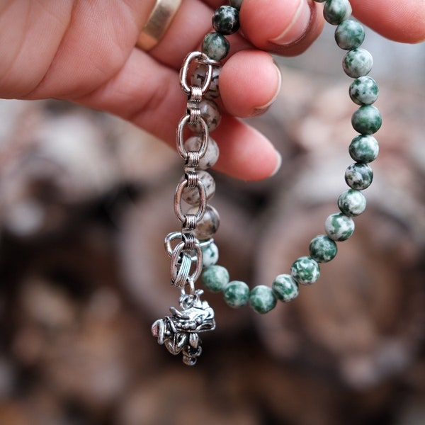 One of a kind green tree agate and graphic feldspar gemstone beaded bracelet with vintage chain & charm