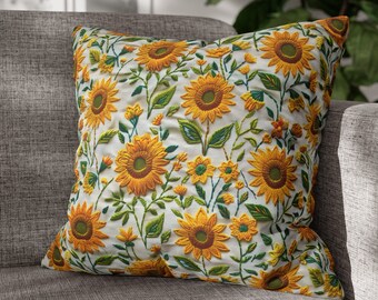 Embroidered Sunflowers Boho Throw Pillow Cover | 3D Faux Embroidery Boho Floral Pillowcase | Cute Cottagecore Sunflower Home Decor