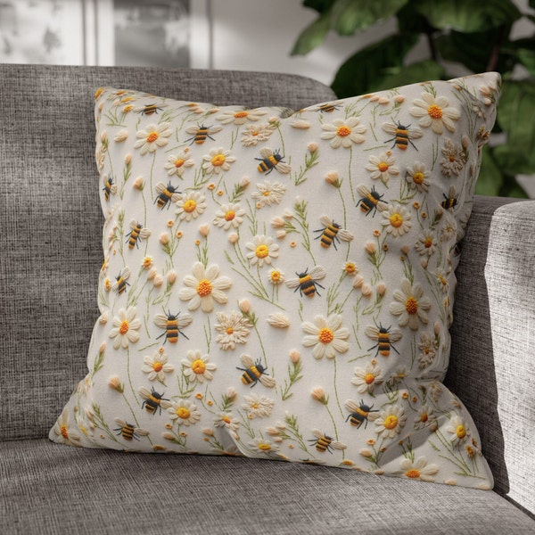 Embroidered Look Bumblebees Boho Throw Pillow Cover | Faux Embroidery Boho Floral Bees Pillowcase | Cottagecore Bees Home Decor | Cover Only