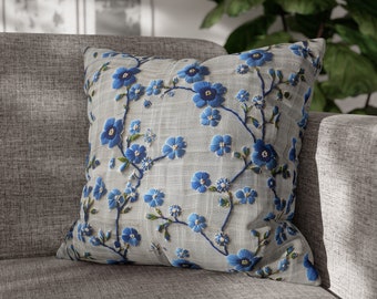 Housse de coussin décoratif fleurs bleues brodées | Taie d'oreiller bleue à fleurs bohèmes avec fausse broderie | Jolie décoration maison tournesol Cottagecore