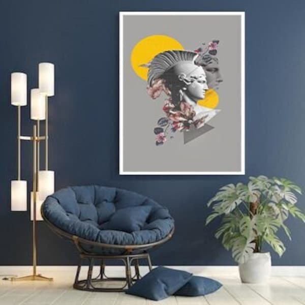 sculpture head canvas print, gray yellow decor, modern canvas art, landscape decor, ready to hang canvas