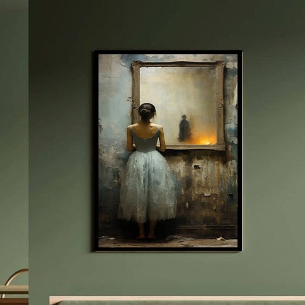 landscape canvas print, girl looking in the mirror, girl in white dress, antique decor, ready to hang canvas