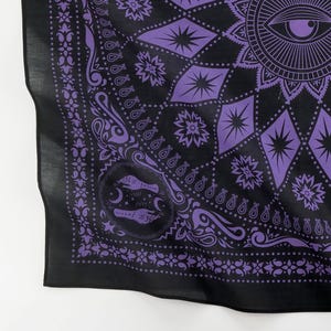 Birthstone Amethyst Purple Black Cotton Voile Bandana Sun Moon Third Eye Boho Wrap Soft Thin Celestial Scarf Unique February Birthday Gift