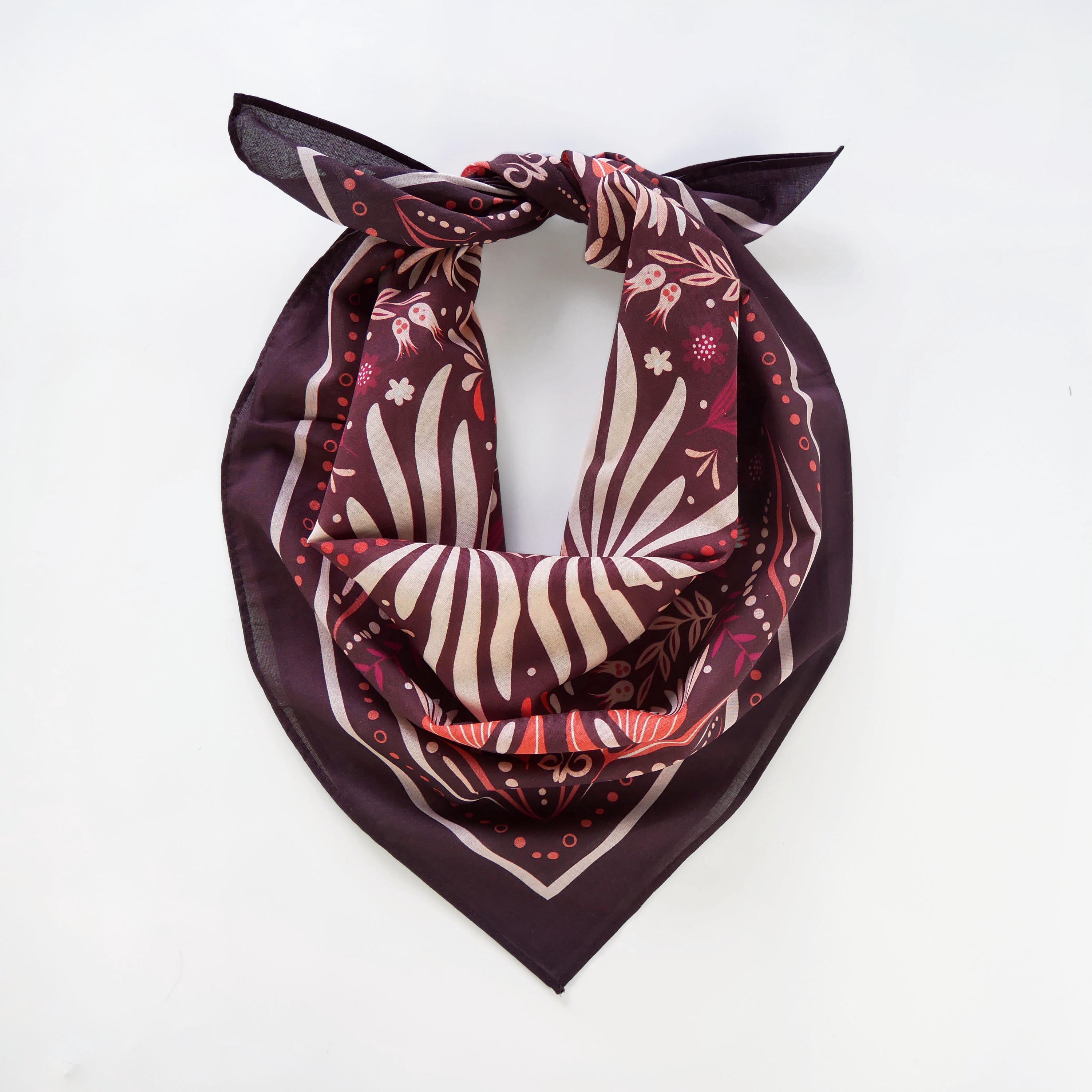 Deep Red Floral Soft Cotton Voile Bandana Originally Designed Boho Flower Wrap Unique Burgundy Botanical Woman Scarf