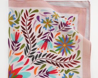 Colorful Folk Floral Soft Cotton Voile Bandana Originally Designed Boho Flower Wrap Unique Botanical Lady Summer Scarf