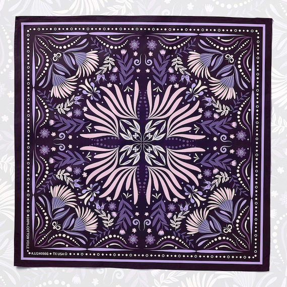 Lavender Floral Deep Plum Purple Cotton Voile Bandana Originally Designed Boho Flower Wrap Unique Botanical Woman Scarf