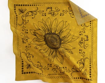 Bee Kind Mustard Yellow Sunflower Lover Cotton Voile Earthy Bandana Unique Thin Summer Wrap Soft Gold Botanical Boho Scarf Gift