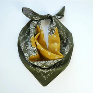 Olive Green Mustard Yellow Two Tone Cotton Voile Bandana Originally Designed Boho Paisley Wrap Lightweight Paisley Scarf