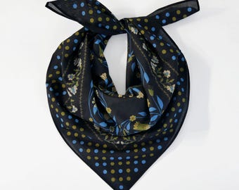Green Blue Floral Polka Dots Cotton Voile Bandana Originally Designed Boho Wrap Soft Black Botanical Flower Scarf