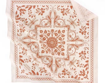 Pastel Peach Dragonfly Floral Cotton Voile Bandana Originally Designed Lightweight Head Wrap Soft Summer Botanical Scarf