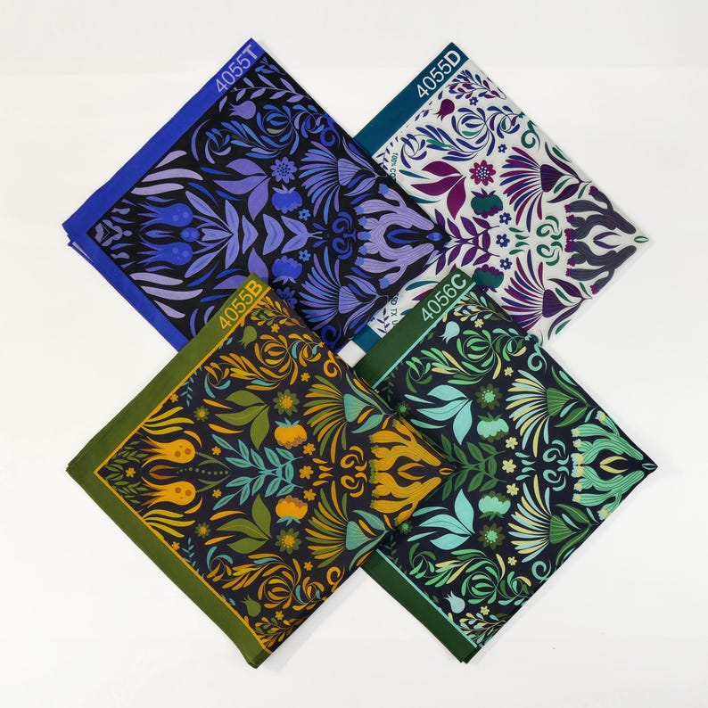 May include: Four fabric squares with a floral pattern. The squares are in different colors: blue, green, yellow, and purple. Each square has a number printed on it: 4055T, 4055D, 4056B, and 4056C.