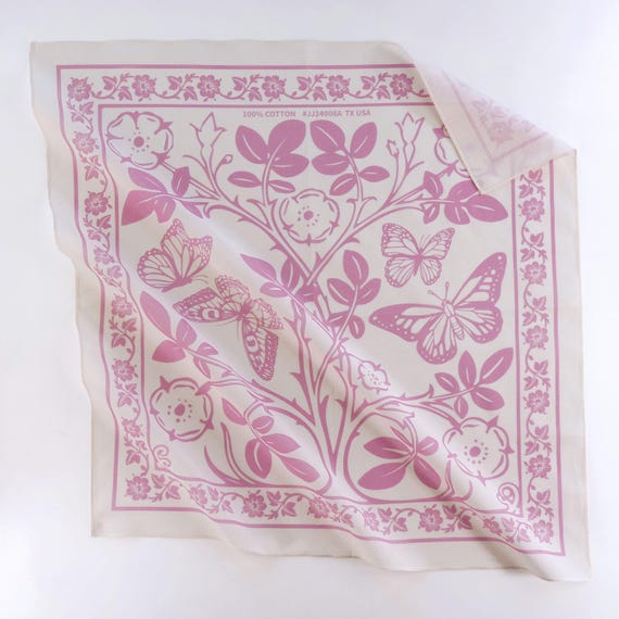 Pastel Pink Rose Butterfly Floral Bandana Soft Cotton Voile Flower Wrap Boho Summer Scarf Gift for Her