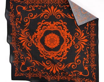 Fire Orange Floral Black Cotton Voile Bandana Thin Head Wrap Soft Summer Botanical Flower Scarf