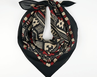 Earthy Ethnic Black Burgundy Beige Cotton Bandana Original Design Lightweight Voile Head Wrap Unique Exotic Tribal Scarf