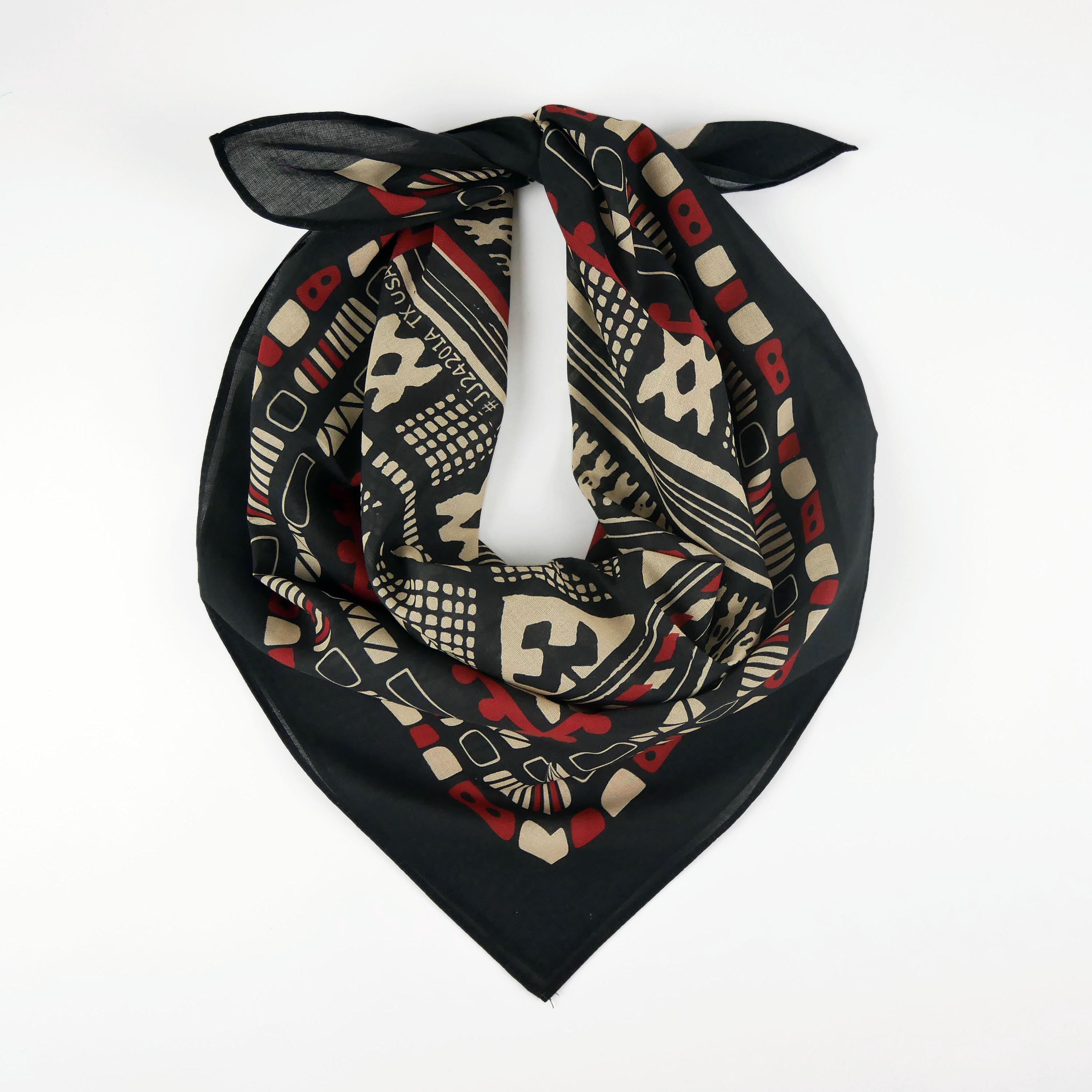 Earthy Ethnic Black Burgundy Beige Cotton Bandana Original Design Lightweight Voile Head Wrap Unique Exotic Tribal Scarf