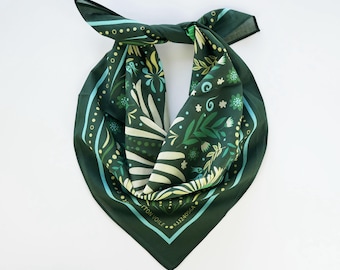 Green Floral Soft Cotton Voile Bandana Originally Designed Boho Wrap Unique Botanical Flower Woman Scarf