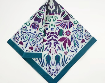 Unique Colorful Folk Floral Bandana Ethnic-Inspired Original Art Mandala Handkerchief Cotton Voile Botanical Hair Scarf