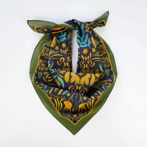 Colorful Cotton Voile Floral Bandana Originally Designed Ethnic-Inspired Gold Green Flower Wrap Boho Botanical Scarf