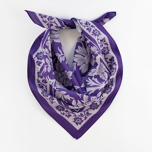 Purple Rose Floral White Bandana Soft Cotton Voile Flower Wrap Boho Summer Scarf Gift for Her