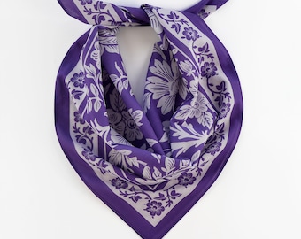 Purple Rose Floral White Bandana Soft Cotton Voile Flower Wrap Boho Summer Scarf Gift for Her