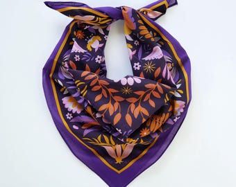 Orange floral Purple Cotton Voile Bandana Originally Designed Colorful Boho Flower Headwrap Soft Thin Botanical Scarf