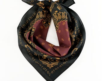 Golden Orange Paisley Burgundy Black Cotton Voile Bandana Originally Designed Unique Lightweight Wrap Soft Boho Scarf