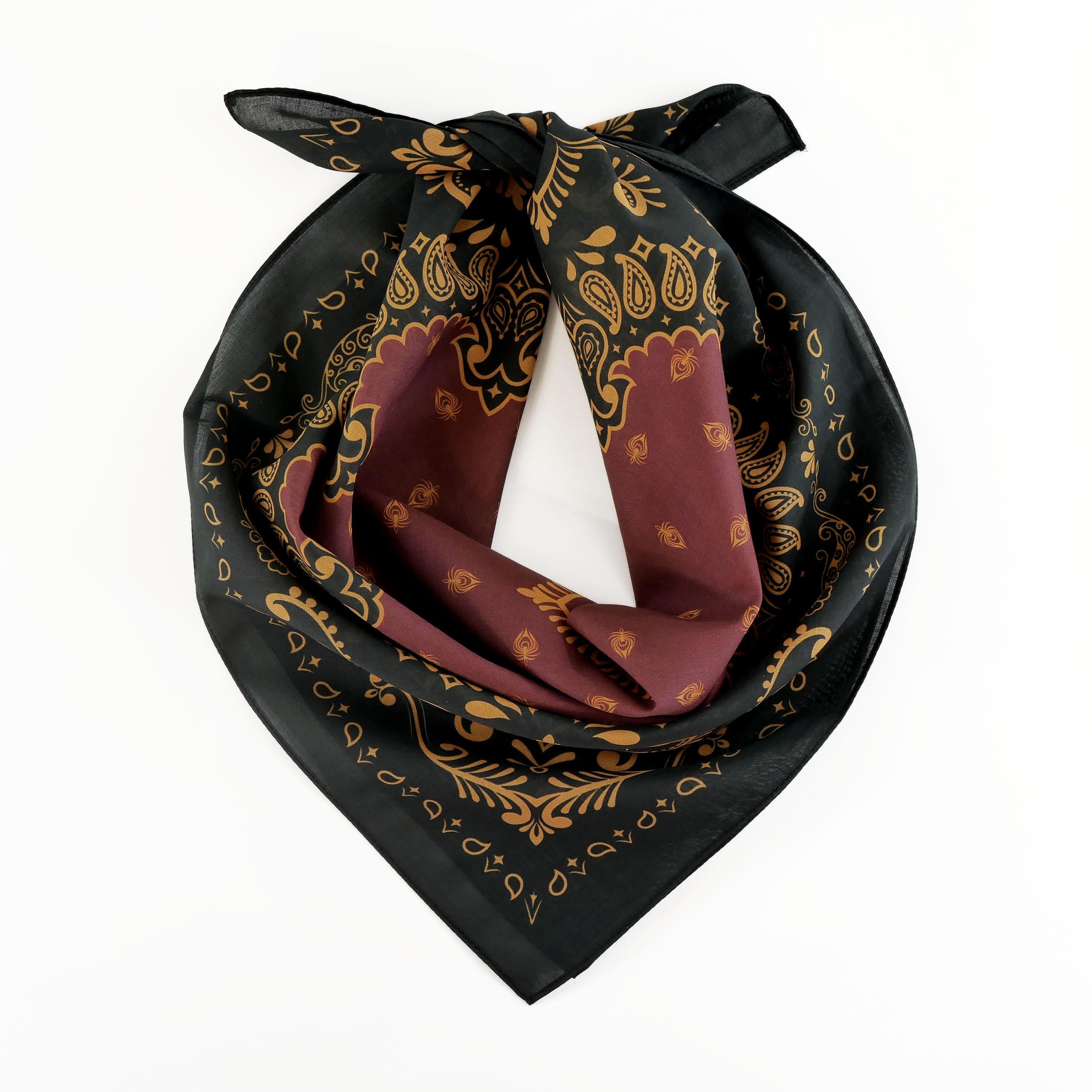 Golden Orange Paisley Burgundy Black Cotton Voile Bandana Originally Designed Unique Lightweight Wrap Soft Boho Scarf