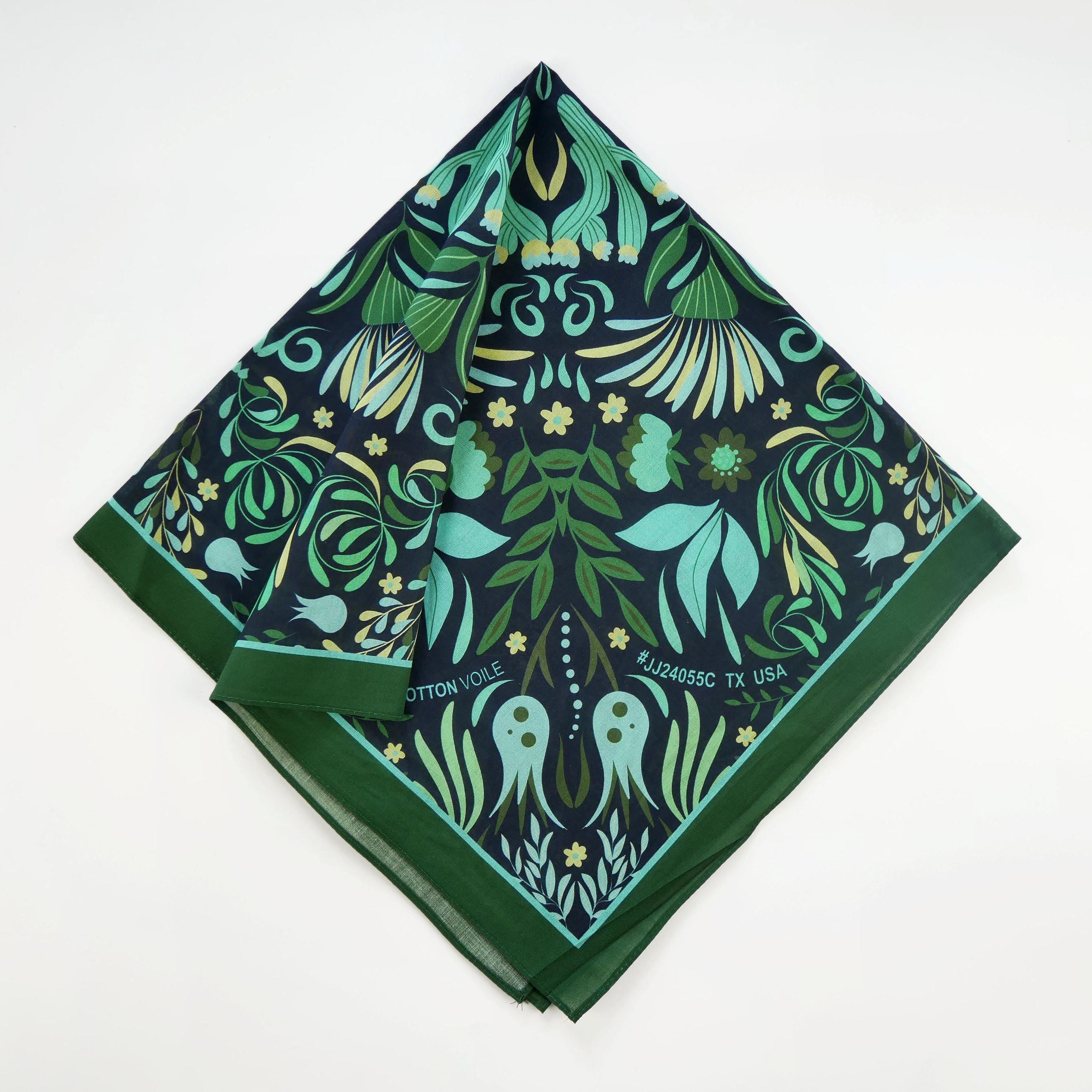 Pine Green Cotton Voile Floral Bandana Ethnic-Inspired Art Mandala Handkerchief Boho Soft Spring Flower Botanical Scarf