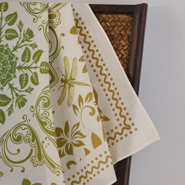 Spring Green Dragonfly Off White Cotton Voile Bandana Originally Designed Thin Head Wrap Soft Summer Botanical Floral Scarf