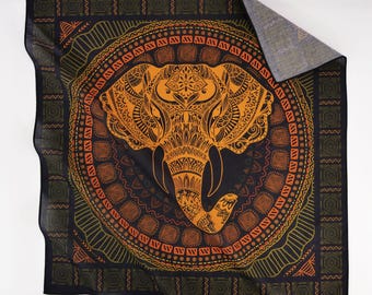 Ethnic Elephant Print Black Cotton Bandana Original Designed Exotic Multi Color African Safari Tribal Head Wrap Unique Soft Unisex Scarf