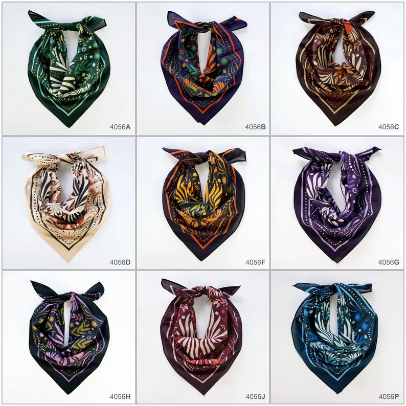 May include: Nine different patterned silk scarves in various colors, including green, orange, brown, beige, purple, and blue. Each scarf is tied in a triangular shape.