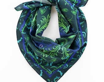 Green Blue Peacock Feather Bandana Soft Cotton Voile Unique Paisley Printed Boho Summer Scarf Head Wrap Gift for Her