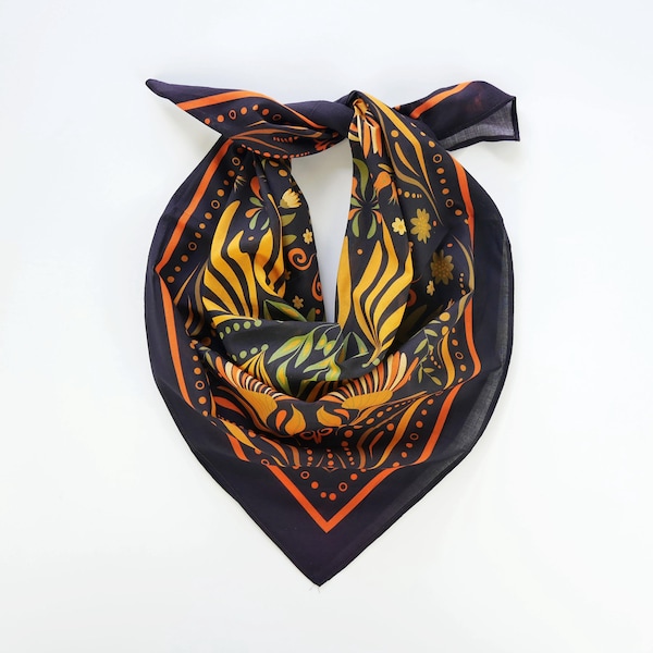 Golden Yellow Floral Dark Brown Cotton Voile Bandana Originally Designed Boho Flower Wrap Unique Botanical Woman Scarf