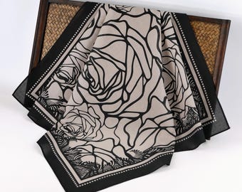 Black Beige Rose Floral Summer Bandana Original Designed Botanical Wrap Soft Cotton Voile Breathable Boho Flower Scarf