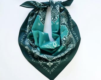 Teal Peacock Green Two Tone Unique Cotton Voile Bandana Originally Designed Boho Paisley Wrap Soft Thin Scarf