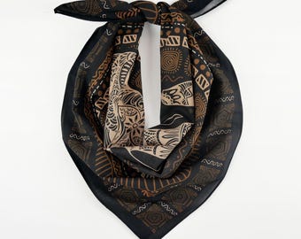 Beige Brown Ethnic Elephant Cotton Bandana Original Designed Exotic Tribal Mandala Head Wrap Dark Chocolate Earthy Unisex Scarf