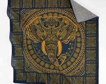Gold Dark Teal Ethnic Elephant Cotton Bandana Original Designed Exotic Tribal Mandala Head Wrap Dark Chocolate Earthy Unisex Scarf