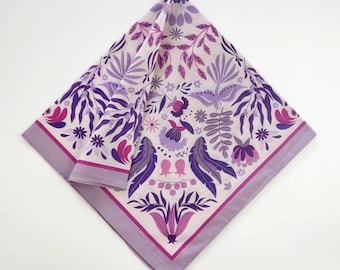 Purple Pink Floral Cotton Voile Bandana Originally Designed Pastel Lavender Boho Wrap Soft Thin Botanical Flower Scarf