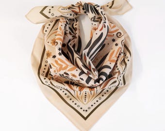 Brown Floral Cream Cotton Voile Bandana Originally Designed Soft Boho Flower Wrap Elegant Beige Botanical Woman Scarf