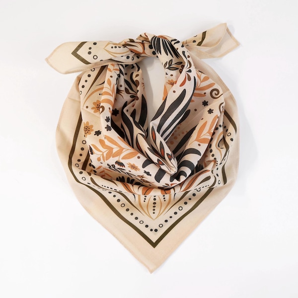 Brown Floral Cream Cotton Voile Bandana Originally Designed Soft Boho Flower Wrap Elegant Beige Botanical Woman Scarf