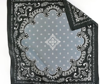 Black Gray Paisley Summer Bandana Originally Designed Unique Lightweight Wrap Soft Cotton Voile Boho Scarf
