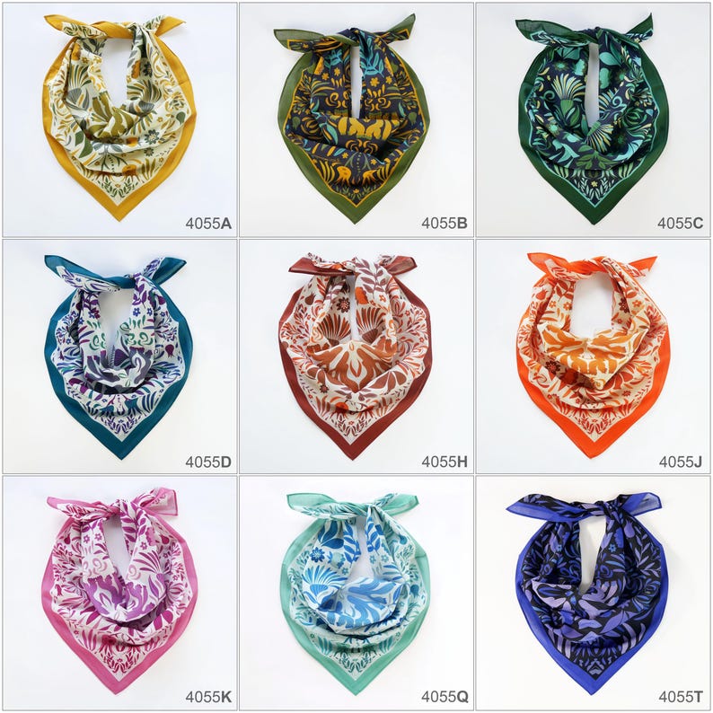 May include: Nine different patterned silk scarves in various colors, including yellow, green, blue, red, and pink. Each scarf has a unique floral design.