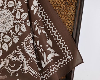 Brown Dragonfly Floral Cotton Voile Bandana Originally Designed Lightweight Head Wrap Soft Chocolate Brown Botanical Scarf