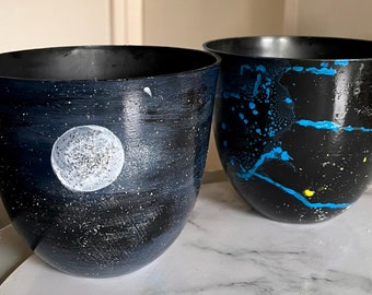 Plant Pots Small - Hand Painted Planters, The Universe, The Full Moon, Planets, Art